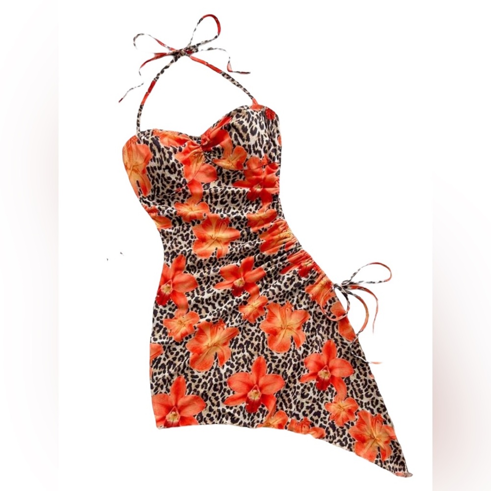 SHEIN Asymmetrical Orange Floral Leopard Dress